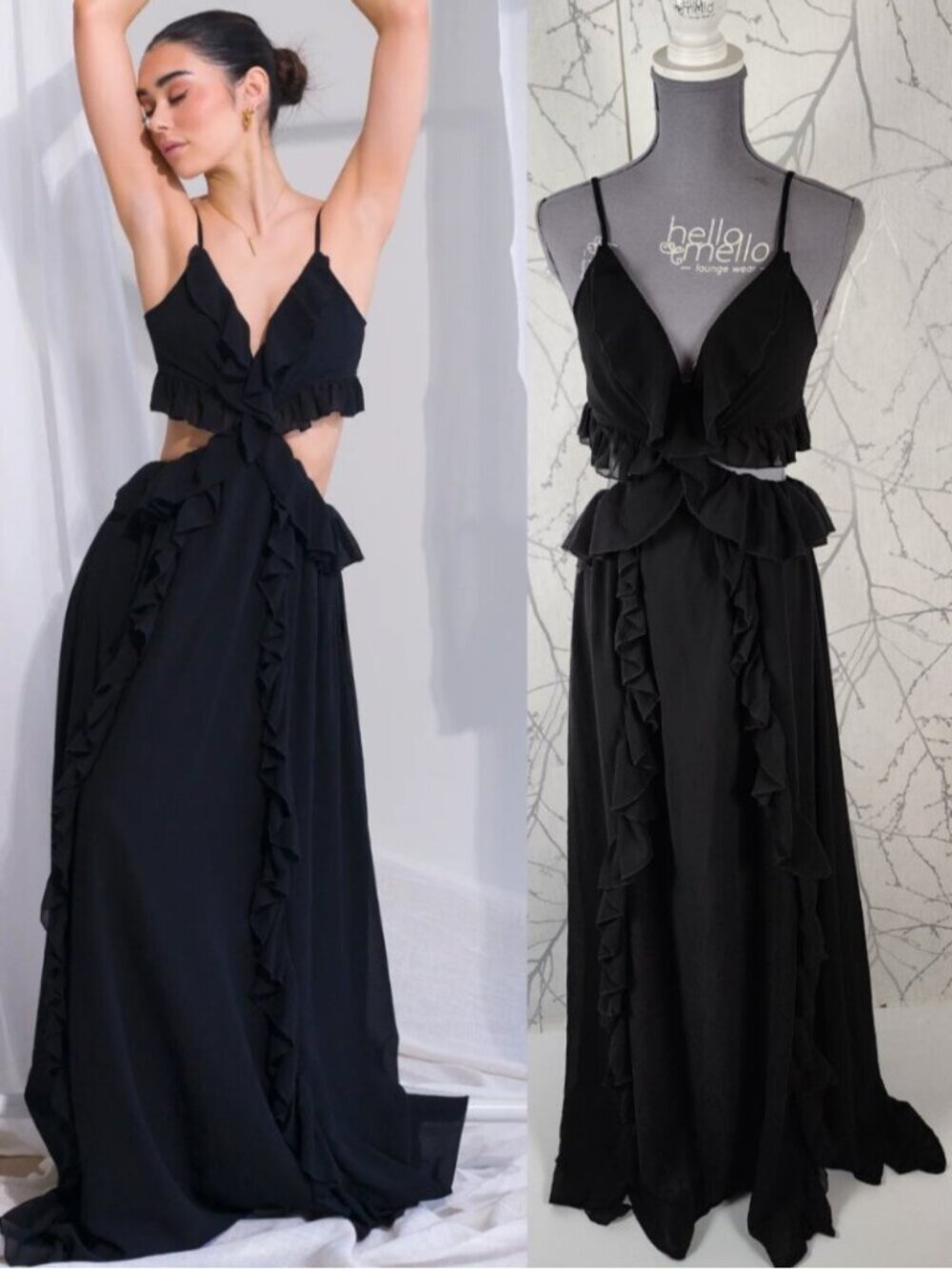 Okakie Black Ruffle Chiffon Strappy Cutout Maxi Dress